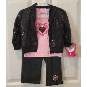 NWT Young Hearts (3) Piece Sequins Jacket Top Denim Pants Baby Girl 12 Months